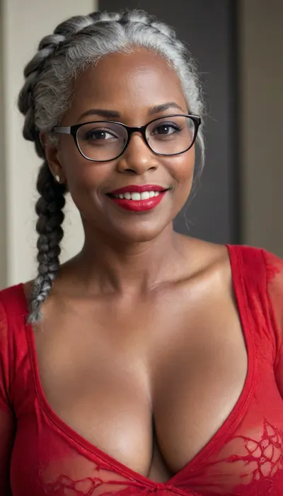 Expectant African American woman with enlarged bust.She is 8 months pregnant. She is smiling seductively. Her breasts are very large and engorged with milk. Her breasts are sagging., . She is wearing a red wraparound dress. Her hair is in long braided pigtails., She is 70 years old. She has grey hair. She is wearing red lipstick. She is wearing glasses. 3/4 body view. Dark skin. She is elderly., <lora:milkers_v2:2>