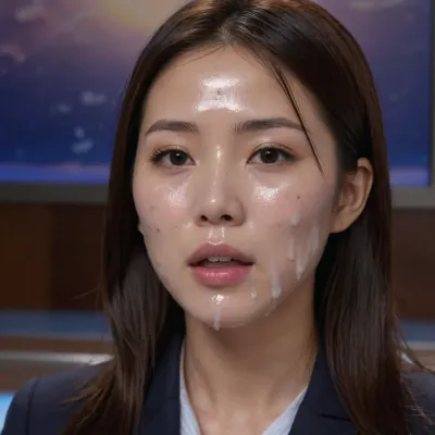 (25 year old Asian Japanese:1.2), Japanese news anchor standing at the news desk of a tv channel, (whitish transparent liquid, realistic cum), (she has huge amounts of cum on her face:1.4), (live on air presenting the weather forecast:1.2), she is looking straight into the camera, (full body shot:1.2), fully clothed, cfnm, huge amounts of cum on her face, cum in her mouth, cum dripping from her chin, freeuse, facialized, superfacialized, <lora:facialized:1.2>