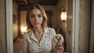 Full body image, viewer is outside, POV of a peeping-tom looking through a window from outside at a cute, mousy 19-year-old girl inside the house. She is curvaceous with wide hips, large breasts, and a skinny waist. Her shocked expression is dorky and adorable as she wears pajamas. With her hand in her pants, she appears surprised in the nighttime setting, illuminated by warm, golden lamp light. Her symmetrical eyes, perfect teeth, and sexy mouth create an alluring look., <lora:MJ52:1.2>