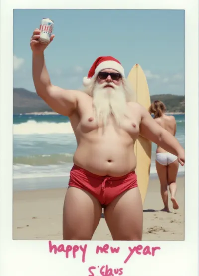 Santa Claus raises a can of beer in celebration, (text "happy new year S.Claus"), long white beard, red shorts, sunglasses, fat man, surfboard and surf in the background, style of a candidate family Polaroid, wpolaroidf1, <lora:wpolaroidf1:1.2>
