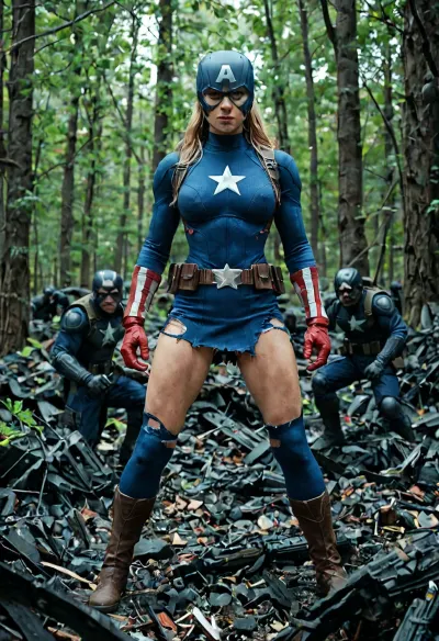 (female captain america), marvel, (captain america), helmet, straight hair, large boobs, (1940s setting), bottomless, upskirt, nude, torn outfit, forest, (hydra soldiers in background), 4rmorbre4k, clothes, broken, armor, debris, torn, fly, down, at, _______, <lora:crowd_notrigger:.7>, <lora:tornclothesv6-8:.7>