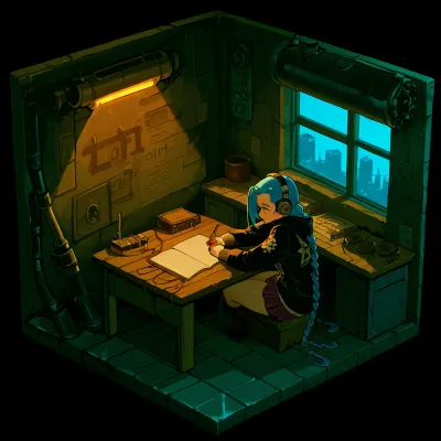 score_9, score_8_up, score_7_up, (isometric view, side view:1.3), (arcane style:1.5), (lofi girl aesthetic:1.4), 1girl, (jinx, jinx arcane:1.2), solo, very long blue braids, braids touching floor, sitting at desk, leaning forward, writing in journal, wearing oversized tattered hoodie, (headphones:1.1), jinx's workshop, messy laboratory, scrap metal, hextech blue crystals, glowing hextech blue lighting, arcane runes, floating mechanical parts, half-finished inventions, Fishbones rocket launcher in background, blueprints on wall, dim room, magical blue ambient light, view through window of piltover skyline at night, cinematic lighting, high contrast, painterly texture