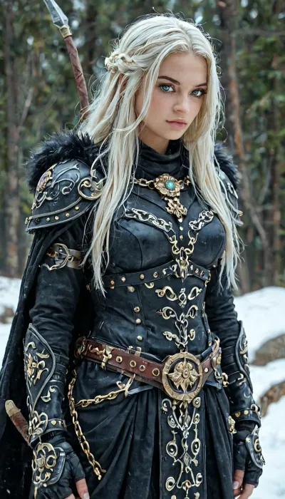 She stands tall and proud, her presence both awe-inspiring and dangerous. Her skin is pale as moonlit snow, kissed faintly by the cold winds of the northern wastes. Cascading down her back in wild, tangled waves is a mane of platinum-blonde hair, streaked with silvery tones like threads of ice. Her eyes are a piercing arctic blue—glacial, intelligent, and edged with the feral cunning of a huntress born to the frostbitten wilds.

Her beauty is raw and untamed, sculpted by hardship and war. High cheekbones, a strong jawline, and full lips give her a regal, almost ethereal quality, while the faint scars tracing her collarbone and ribs hint at countless battles survived. Muscled, her figure is that of a warrior goddess—broad-shouldered, with powerful legs, wearing minimal fur and leather armor, and bone trophies taken from the beasts and men she's slain.

She wields a massive two-handed axe etched with ancient runes, its haft wrapped in direwolf hide. Around her neck hangs a talisman of an elder god, and her arms bear bronze armbands inscribed with symbols of forgotten tribes.

She moves like a predator—graceful, silent, coiled with explosive power. She is a storm wrapped in flesh, an iceborn flame burning through the dark age of Hyboria., (large and muscular), busty, realistic detailed face, realistic detailed hair, realistic detailed body, realistic detailed skin, realistic detailed breasts, realistic detailed pussy, random view angle, action pose, detailxl, hkstyle, <lora:add-detail-xl:1.5>, <lora:style_lora_realis:.5>, <lora:hkstyleV5:.8>