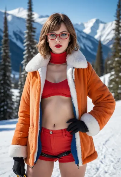 (velma dinkley:1), velma dinkley standing on a snowy ski resort, masterpiece, ultra-detailed, best quality, high resolution, 8k, HDR, cinematic lighting, vibrant colors, high contrast, intricate details, sharp focus. Hourglass figure, She is wearing an open orange fur coat, tiny crop top, paired with very short red denim shorts, her slim figure with an extraordinarily narrow waist is emphasized by the tight clothes. Her body is slightly turned, showcasing her slim waist and curvy hips, while the orange fur coat adds a contrast to her provocative look in the cold environment. She wears red lipstick, subtle makeup highlighting her blue eyes, and a confident expression, looking directly at the viewer. Snow-covered mountains rise in the background, and she holds a pair of skis casually at her side, creating a striking contrast between her outfit and the winter setting. Soft sunlight reflects off the snow, casting a bright glow around her figure, with soft shadows highlighting the textures of the orange fur, red denim, and crop top, bright blue eyes, red lips, sharp jawline, engaging eye contact. No accessories or jewelry.Standing outdoors, surrounded by snowy mountains, ski lifts in the distance, and pine trees dusted with snow. Emotion is confident and seductive, engaging the viewer with direct eye contact.