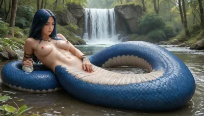 Masterpiece, highest quality, high detail, black and blue scales, in the forest, water, waterfall, (1 girl, lamia, humanoid:1.2), ((gorgeous 35-year-old lamia girl with a snake tail)), (((lamia girl wraps a snake tail around a tribal girl)), (wet vagina, female masturbation, vaginal fingering), dark blue hair, nipple, (lamia girl is naked, with natural F-cup breasts), slender, athletic, slender body, RAR), <lora:Better Anime Backgrounds - [Background] - SDXL Version 1:1.3>