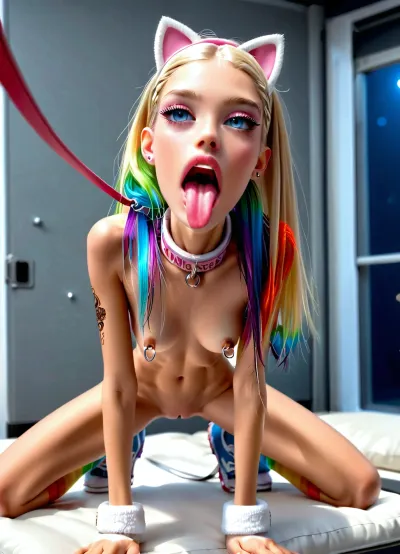 (dark sci-fi hi-tech whore dungeon:1.4), (night:1.4), (full body view:1.5), (kneeling), (legs slightly apart:1.3), (sits:1.1), (legs spread apart:1.5), (on fours:1.3), (white massive very oversized electronic collar around very short wide throat:1.6), (ultra-detailed), (holds leash:1.4), flexible, (opened mouth:1.5), ((breathtaking very beautiful Ukrainian petite girl:1.6)), (model cutie:1.6), (perfect:1.7), (nacked slender skinny body:1.7), (small extreme thin micro waist:1.7), (very short low pelvic:1.7), (wide shoulders:1.5), ((visible very wide extreme protruding rib cage:1.8)), (open perfect light eyes:1.6), (looking directly:1.5), (perfect middle lips:1.2), (wide tongue rounded at the end:1.6), (very long very flat wide tongue hanging down:1.6), (laminated long blond with rainbow smooth silky straight hair:1.6), (firm perky fake implanted silicone medium breasts:1.6), (boobs spread wide apart:1.6), (tanned skin:1.4), (very beautiful thin face:1.5), (narrow cheekbones:1.4), thin beautiful eyebrows, (very gorgeous:1.3), (sexy:1.2), (erect nipples:1.3), (nipple ring piercings:1.3), (satisfied:1.2), (shaved pussy), (tattooed body:1.3), (a lot of tattooes:1.3), (seductive sexy makeup:1.3), (thick long eyelashes:1.5), lipstick, (big wide mouth:1.4), (stunning:1.3), (dimples:1.3), seductive pose, (fake small white cat-like ears:1.7), (white large sneakers:1.3), (pink fishnet stockings:1.2), (white small very small mittens:1.3), (price tag:1.4), (full length photo:1.3), <lora:Microwaist_XL_v01:2>