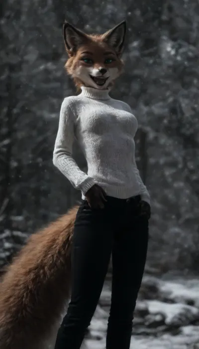 On snow, standing, (Furry fox:2), (her bald), (tiny:1.5), young, (bony skinny:.6), (slim toned body:1.4), (spacious white sweater and pants:1.3), (black women's down jacket), (Narrow waist:1), (glossy fluffy fur:1.7), (big green eyes:1.2), (happy:1.3), (open mouth show teeth:1.1), (perfect teeth), (normal perfect breasts:.5), (Fluffy tail:1.3), (submissive on knees:1.5), (she knees together:1.3), (below view:1.5), (side view:1.3), PA7_sdxl-Photo, NEGATIVE_HANDS, <lora:Her_Eyes:.5>, <lora:dark:.3>, <lora:flat_chested_v3.5:.5>