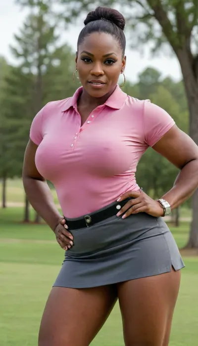 muscular woman, thick black milf, tight golf outfit, skirt, upskirt, loose button up, unbuttoned, happy smirk, enhanced, close up, muscular legs, wide hips, dreamlike, softcore porn, big ass, outdoors