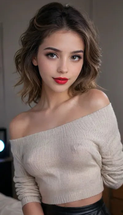 Black background, side view, closeup, 18 yo girl in little thin off-the-shoulder sweater + sexy leather pencil Skirt, braless, long wavy thick hair with long bang covering one eye and cascading about her shoulders, in a cluttered youthful girl's bedroom, night, no underwear, hands behind head, big smile, heavy eyeliner, red lipstick, big false eyelashes, thick eyebrows, smokey eyes, large hoop earrings, Wearing, clothes, that, make, sense, with, Braless>, great, lighting, bellissima, 1girl, sweater_top, <lora:bralessSDXL_v1_00022:1.4>, <lora:great_lighting:1.8>, <lora:SkylerLo_XL-000007:1.5>, <lora:LesFemmesXL_v1.0:1.2>, <lora:mao1_XL_reg1_:1.4>