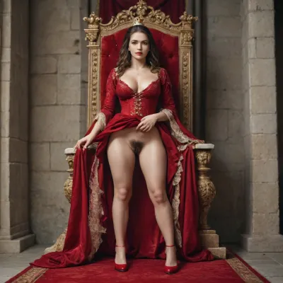 Woman, Queen standing before throne, (professional photography, award-winning photography, 8K UHD, soft focus, realistic image), (medieval theme, huge throne room, richly decorated medieval castle, red carpet), very large, detailed breasts, ((abundant pubic hair)), (full-body shot of a beautiful queen in a long velvet gown with a golden crown), large breasts, ((standing with legs spread in front of the throne)), legs spread, holding up her skirt with her hands, ((her hairy pussy is visible)), (with a horny expression), covered in semen, horizontal line, evil, queen, <lora:BetterTextRedmond:.5>