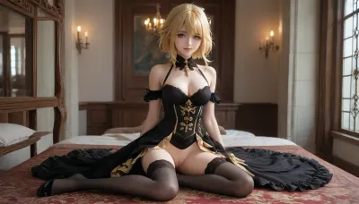 A full-length adult girl, wearing a beautiful, full dress, wearing a black steampunk costume with yellow elements, a gothic dress style, Navia from the game Genshin Impact, long yellow hair, large purple eyes, a happy smile, 1 girl, breasts, firm breasts, firm nipples, uncensored, looking at viewer, shiny skin, blush, bangs, woman, _jbright__, (genshin, impact), solo, navia, (genshin, impact/), jewelry, black thigh-high stockings, <lora:Navia_XL_LoRA:2>
