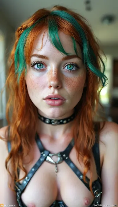 Amazon position, pointed ears, elf ears, elf, 4k calidad, Social media babe in badhroom being sexy and presenting her booty, long ginger hair with long curls, score_9, score_8_up, score_7_up, score_6_up, with, pokies, showing, off, her, tits, beautiful face, gigantic sagging natural breasts, natural breasts, blue hair, ginger bangs, split dyed hair, bangs, wide hips, tan skin, horny expression, full lips, medium length hair, green eyes, freckles, (wearing an elaborate harness:1.4), choker, low hanging pigtail, buns, braids, cum in mouth, photorealistic, hdri, portrait, close up, realistic, super real, hyper realistic, ultra realistic, ((perfect eyes)), full view, ((Ultimate realistic photo details)), (((dynamic sexy pose))), (((bright sunlight))), detailxl, raw, lighting, overexposed, harsh, flash, amateur, puffy, nipples, dark, ghost, wide, <lora:detailed_notrigger:.8>, <lora:MJ52:.8>, <lora:Nipples XL:.8>