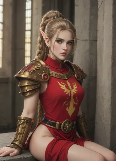 masterpiece, best quality, 1girl, solo, (world of Warcraft style), (mark gavatino style:1.36), (cutesexyrobbuts style:1.23), white matrble and gold architecture, blood elf, (sitting against wall), slender physique, long blonde hair that turns into a braid, (very pale skin), (radiantly glowing green eyes), in bustling city, red and gold aesthetics, gold hoop earrings, (thick mailed armour, giant gorget, bulky pauldrons, hulking bracers, massive armoured belt, giant breastplate), sunlight coming through elven stained glass, chest out, arched back, (oversized fantasy sword is leaning against the wall), JudgementArmor, ((crimson and gold silk tabard, phoenix embroidery motif)), WoW-ish, <lora:Judgement_Armor:.8>, <lora:WoW-ish:1>
