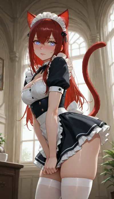 (solo), mansion, plants, window, (Makise Kurisu), (dynamic view:1.3), (strong blush), shiny skin, (dark-red lipstick), dark-red hair, (slim body), maid dress, (cat ears), glowing eyes, embarrassed, shy, (dynamic pose), tears, cleavage, white thigh highs, zettai ryouiki, cat tail, side view, view from below