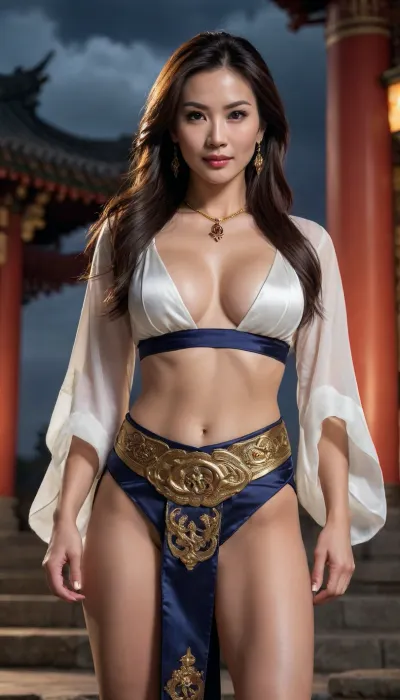 muscular woman, milf, happy smirk, loose silk sleeves on elegantly patterned sash, large earrings, high fantasy, very dark lightning, inside Chinese imperial temple, night time, enhanced, close up, muscular legs, strong athlete, wide hips, dreamlike, long straight hair, large intricate necklace, courtyard, moonlight, softcore porn