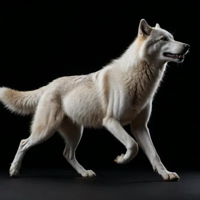 A white silhouette of a running wolf in side view against a black background