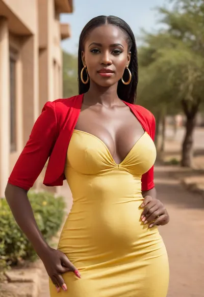 very tall slim thick happy african woman, yellow bodycon maxi dress, slim_thick, (((massive fake breast))), b1mb0, bow, red blouse, <lora:56a206e8-def0-49c2-b599-66069ac558c5.TA_trained:1.1>