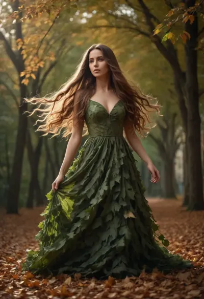 A woman with long flowing hair, she is wearing a dress made of leaves, full body view, /©KlTTY-ART/