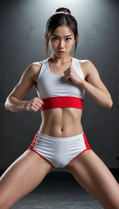 Realistic, 1girl, 18 years old, sexy, cute, chun lee, martial arts, uniform, white, red, black, tight, fit, athletic, muscular, toned, slim, slender, beautiful, attractive, young, youthful, confident, determined, focused, intense, dynamic, action pose, fighting stance, powerful, strong, fierce, fierce expression, determined eyes, intense gaze, detailed, intricate, high-quality, 4k, ultra-detailed, masterpiece, cinematic, dramatic, moody, atmospheric, dark, shadow, light, contrast, depth, texture, fabric, folds, wrinkles, realistic, hyper-realistic, photorealistic, DSLR, professional, studio, lighting, softbox, key light, fill light, rim light, backdrop, seamless, gray, neutral, clean, simple, elegant, sophisticated, stylish, fashionable, trendy, modern, contemporary, urban, city, street, alley, night, neon, glow, sign, advertisement, graffiti, tag, vandalism, gritty, edgy, raw, real, authentic, genuine, honest, true, lifelike, alive, vibrant, energetic, movement, motion, energy, power, strength, force, impact, intensity, passion, emotion, feeling, expression, personality, character, individuality, uniqueness, originality, creativity, artistry, skill, talent, ability, expertise