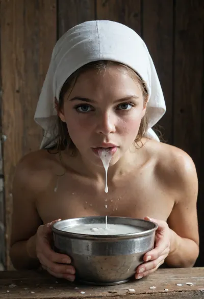 A highly detailed, photorealistic close-up of a 20 years adult old woman`s lip in the Alps around the year 1750, (She holds a shallow wooden bowl:1.3), filled with steaming milk, (at her lips:1.4), As she drinks too quickly, (the milk spills from the corners of her mouth and trickles down her chin:1.7), (droplets forming on her skin:1.5), Her hands, rendered in exquisite detail, gently hold the bowl, (with fingertips touching the rim. Her lips softly press against the bowl’s edge:1.5), and the milk overflows due to her haste, creating a delicate mess. Her damp, tousled hair and parts of her headscarf are visible, but the primary focus remains on her face, the milk, and the subtle details of her expression. The overall atmosphere is intimate and authentic, capturing the moment of her hurried morning drink, <lora:[XL]focus:.8>