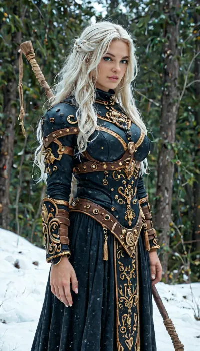 She stands tall and proud, her presence both awe-inspiring and dangerous. Her skin is pale as moonlit snow, kissed faintly by the cold winds of the northern wastes. Cascading down her back in wild, tangled waves is a mane of platinum-blonde hair, streaked with silvery tones like threads of ice. Her eyes are a piercing arctic blue—glacial, intelligent, and edged with the feral cunning of a huntress born to the frostbitten wilds.

Her beauty is raw and untamed, sculpted by hardship and war. High cheekbones, a strong jawline, and full lips give her a regal, almost ethereal quality, while the faint scars tracing her collarbone and ribs hint at countless battles survived. Muscled, her figure is that of a warrior goddess—broad-shouldered, with powerful legs, wearing minimal fur and leather armor, and bone trophies taken from the beasts and men she's slain.

She wields a massive two-handed axe etched with ancient runes, its haft wrapped in direwolf hide. Around her neck hangs a talisman of an elder god, and her arms bear bronze armbands inscribed with symbols of forgotten tribes.

She moves like a predator—graceful, silent, coiled with explosive power. She is a storm wrapped in flesh, an iceborn flame burning through the dark age of Hyboria., (large and muscular), busty, realistic detailed face, realistic detailed hair, realistic detailed body, realistic detailed skin, realistic detailed breasts, realistic detailed pussy, random view angle, action pose, detailxl, hkstyle, <lora:add-detail-xl:1.5>, <lora:style_lora_realis:.5>, <lora:hkstyleV5:.8>