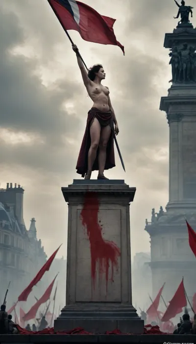 A cinematic historical scene set during the French Revolution at an execution square. A powerful, seductive female figure stands near a guillotine on a Paris square, confident and unbroken, her posture calm and defiant. Crowd silhouettes fade into mist, revolutionary banners and tricolor flags torn by wind. The scene is rendered mostly in black and white, with a single strong color contrast, deep crimson accents on the ribbon, flag details, and subtle reflections on the blade. Dramatic overcast sky, heavy clouds, smoke and dust in the air, torchlight flickering. High contrast chiaroscuro lighting, minimalist palette, strong symbolism, epic composition, cinematic depth, ultra-realistic textures, sharp focus, prestige historical mood, 4K quality.

NEGATIVE PROMPT, graphic violence, blood splatter, gore, cartoon, flat lighting, oversaturated, distorted anatomy, extra limbs, watermark, text, logo