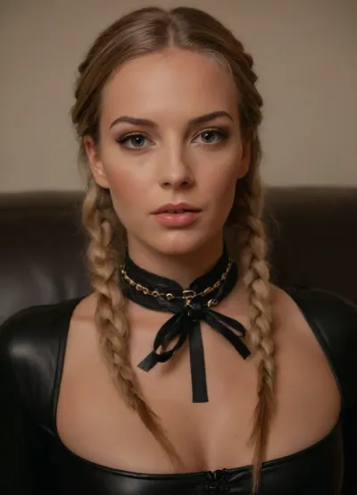 Full body view, Weitwinkel, ganzer Körper auf dem Foto, Wunderschöne schwedische Mutter und Prostituierte sitzt lasziv auf einem Ledersofa in einem schwedischen Haus im Landhaus Stil, sie trägt eine schwarze glänzende Leggings und einen transparenten spitzen BH. Sie trägt ein breites Leder Halsband. Ihre mütterlichen Brüste sind mittelgroß und hängen leicht. Starkes Makeup wie eine Hure. Ihr Blick ist verführerisch., (Ihre Haare sind zu einem zopf geflochten:1.4), .