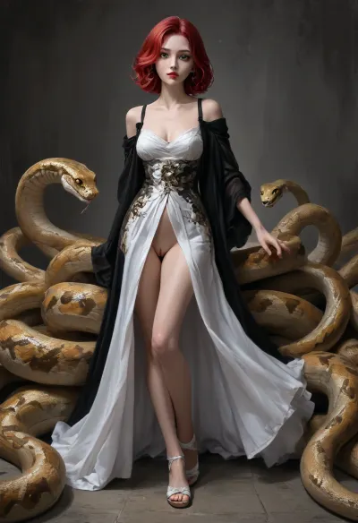 anime style digital painting, 1girl, woman, malevolent goddess, (makeup:1.3), (flowing dress:1), bombshell hair, red hair, French Roll, average figure, japanese, (snake eyes:1.4), The camera is pointing from the bottom to the top, (my feet are in stockings with a pattern of flowers and sandals), (I'm without panties, my pink pussy is beautiful), snake wants to crawl into my pussy, I peed myself a lot out of fright., My big-lipped pussy is perfectly naked, <lora:EnvyAnimeDigitalPaintingXL01:1>