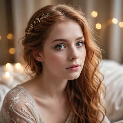 eine jungen Frau mit langen, lockigen roten Haaren, die über die Schultern fallen, trägt ein tiefrotes transperentes Spitzenoberteil mit V-A-Ausschnitt, Pose leicht seitlich, Blick ruhig, weiches licht, warme Hauttöne, goldene Highlights, unscharfer Hintergrund mit sanftem Bokeh, geringe Tiefenschärfe, romantischem Flair, natürliche Hautstruktur, Kleidung und Haare zeigen feine Texturen, Farbstimmung warm, leichter glowy Finish, Glanz auf Haaren. /©KlTTY-ART/