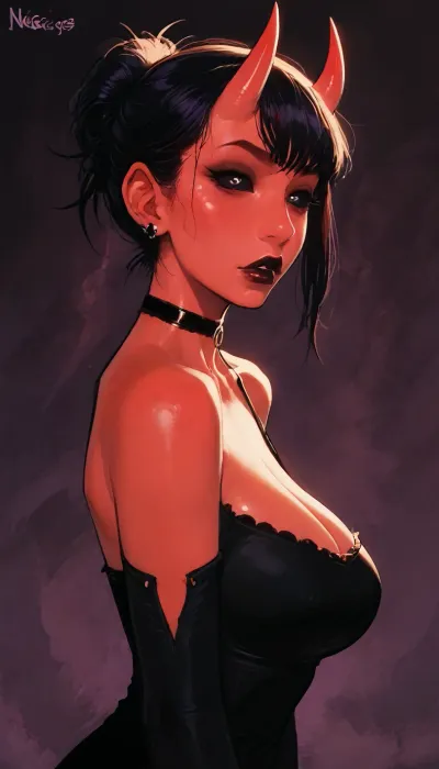 ((Incase mix reiq style)), ((demon girl, deep red skin, black sclera, completely black eyes)), horns, style, masterpiece, (1woman, side view, 8k resolution, ultra-detailed), goth outfit, piercings on face, goth accessories, dark purple background, side view, big ass, aryan, plump black lips, chocker, big breasts, realistic face, beautiful black hair, goth makeup, beautiful face, high bun hairstyle with fringe, seductive face, hot e, mid shot, ratatatat74, jtcstyle, SamDoesArts, <lora:LCMTurboMix_Euler_A_fix:.6>, <lora:ratatatat74-000050:1.1>, <lora:mk_Bp Anime_xl:1>, <lora:加藤彩style:1.8>, <lora:SDXLSamDoesArts:1.7>