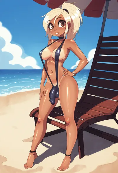 beautiful sexy slender 23 year old blonde shemale, tan lines, posing on the beach, no makeup, Brown eyes, ponytail, 3/4 view, bare legs, standing by her deck chair, (penis bulge), (slingshot bikini), jack cayless style, <lora:bulgev1-beta:1.2>, Trfut, flac-futa, flac-penis, photo, artwork, <lora:SDXLlora4flFut-000014:.8>