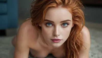 beautiful slender fit Scandinavian woman, detailed messy hair, ginger, detailed blue eyes, detailed freckles, detailed round breasts, fake tits, narrow torso, on all fours, face down, doggy style, full bodies view, Accurate eyes. Realistic detailed eyes. Realistic skin texture. high quality, hyperrealistic, extremely detailed, high resolution, high resolution face, high resolution eyes, front, view