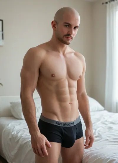 Realistic, masterpiece, one, man solo, handsome man, toned muscular body, light body hair, bald head, gray eyes, light beard, light mustache, straight, short hair, wearing black boxer brief underwear, big bulge in his boxer briefs, boxer briefs legs down to mid thigh, (detailed boxer briefs), standing, next to a big bed, bedroom background, natural lighting, <lora:bulgev1-beta:2>, <lora:Cute_male_model_v2:1>