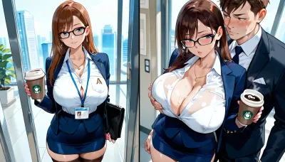 (sexy office women brown hair), blue eyes, (sexy office uniform), (miniskirt), black stockings, sexy glasses, suit wearing man ugly bastard holds a coffee cup, a sexy woman stands next to him, woman milks milk from her breast into coffee cup, (High, Resolution), (More, Details), (8K), <lora:ayaka:.8>, <lora:checkpoint-e100_s400:.8>