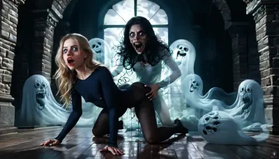 massive werewolf standing, werewolf having sex with human female, flat-chested, on all fours with legs slightly spread, hands on the floor, massive veining, ribbed cock penetrating pussy, vaginal sex, passionate sex, all the way, moaning, big pussy juices, long sleeve tight bodystocking, athletic body, high definition, blue eyes, blond hair, long hair, extremely beautiful face, very detailed, werewolf opens its mouth and shows its sharp teeth. The scene is in the surroundings of an ancient castle, (terrifying ghosts and other creatures of the night:1.7), are hiding in all possible corners of the great hall, watching the unlikely couple having sex. The atmosphere is frightening and arousing at the same time. high detailed, modern-werewolf, 1girl, 1boy, prone, bone, sex, from, behind, lora, (ProneBone-000010:.5), Black, and, white, art, black, pencil, shading, charcoal, drawing, toned, brutal, dark, b/w, color, scheme, <lora:Modern_Werewolf:.8>, <lora:Black and white art.V1:1.2>, <lora:ahxl_v1:.9>