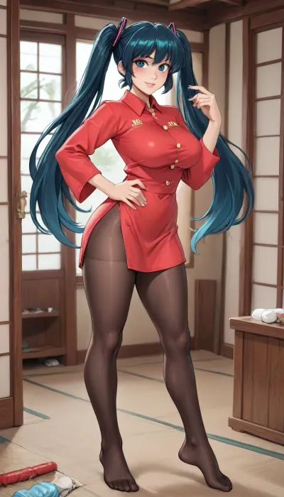 reiq style, (Thick outline:1.4), ((Cartoon Style:1.5)), (Hatsune Miku), (dark skin), (dark hair), sweat, large breasts, eyes looking at viewer, smile, blushing, A woman in her twenties, in a typical Japanese dojo . She looks relaxed.

Full body cosplay of female Ranma Saotome from Ranma ½, red Chinese long-sleeve dress with buttons, button down shirt, pantyhose, legging pants, no shoes, relaxed art martial stance, art martial pose, full-body, wystyle, ratatatat74, lineart, line, art, flat, colors, color, <lora:cartoon_stickers_xl_v1:.5>, <lora:outline_xl_kohaku_delta_spv5x:2>, <lora:Ppolar-P3v1-NbVp10:1.5>, <lora:ratatatat74-000050:1.9>, <lora:lineartSDXL:1.7>