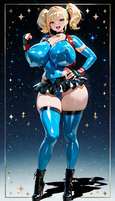 Magic girl suit, blue eyes, mini skirt, blue latex suit, short pigtails hair, high heel boots, stockings, blonde hair, skimpy outfit, black trim, choker, giant breasts, bbw, erect nipples, thin waist wide hips, latex suit, very happy, playful, open legs, light blue cosmic background, geometric border, erotic pose, shadow boxing, stars