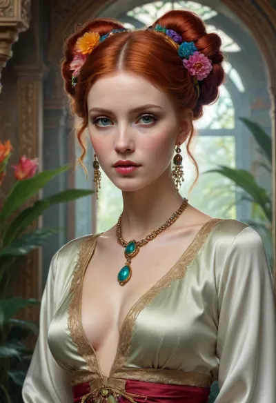 beautiful rich redhead woman wearing fantastic hand-dyed satin clothes, lace, satin ribbons, large oriental house with servants, deep cleavage, embellished beaded feather decorative fringe knots, colorful pigtail, subtropical flowers and plants, symmetrical face, intricate, elegant, highly detailed, 8k, digital painting, trending on pinterest, harpers bazaar, concept, art, sharp focus, illustration, Tom Bagshaw, Lawrence Alma-Tadema, Alphonse Mucha, <lora:ac_neg1:.5>