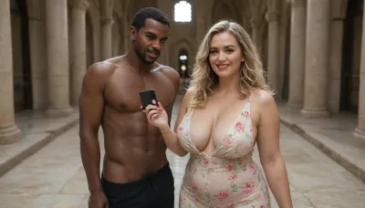 (((Front viewer sees African man hand holding cell phone up))), ((viewer sees phone screen)), castle in background, ((1 African man standing next to woman)), 45 year old milf, blonde curly long hair, sagging breasts, wearing floral summer dress, wet body, fat stomach, toned ass, red lipstick, big smile looking at photographer