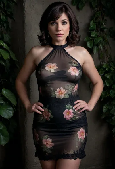 (masterpiece, ultra-detailed, best quality), photo-realistic, hyper-realism, clear image, elegant 52 year old chunky woman posing, amber clean eyes, round face, wide hips, love handles, thick thighs, wide thick mane of wavy salt and pepper short hair framing face, bangs, small breasts, sheer skimpy floral Dress, dress, choker, earrings, (stone wall background lilypads ivy vines), braless, Wearing, clothes, that, make, sense, with, Braless>, <lora:bralessSDXL_v1_00022:.8>, <lora:dark:.8>, raw, lighting, overexposed, harsh, flash, <lora:Rawfully Stylish v0.2_epoch_20:.8>, tocco, onepiece, <lora:SDXL-Tocco-onepiece:.8>