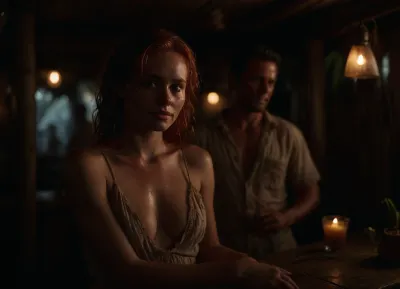 Ultra photorealistic cinematic evening scene at a cozy Caribbean bamboo beach bar, pale red haired naughty woman sits with opened legs, she teases the viewer secretly with her shaved vagina, she sits at a rustic bamboo counter beside her husband, (she lifts up her dress carefully:1.2), (highly detailed vagina:1.2), (she is ready to cheat on her harmless unmanly husband:1.2), she has fair skin with soft freckles, wet looking copper red shoulder length hair, delicate facial features, light eyes, and a naturally attractive but slightly shy appearance, she wears a simple fitted summer dress and sits relaxed with a bright, genuine smile, holding a colorful tropical cocktail, beside her sits her husband, pale skinned, slim, narrow shouldered, slightly awkward, sunburned across the face and shoulders, wearing unflattering beige bermuda shorts, cheap sandals, a wrinkled tropical shirt left partly open, he looks harmless, the bar itself should feel visually memorable and story specific, decorated with old rum bottles, colored glass, fishing nets, driftwood shelves, hand painted signs, tropical plants, worn wooden beams, and small string lights, the background is lively but softly blurred, filled with other vacationers, locals, and beachgoers laughing and drinking, creating a believable social holiday atmosphere, cinematic warm lighting, shallow depth of field, realistic skin texture, subtle humidity in the air, highly detailed fabric and surfaces, natural body language, immersive realism, editorial travel photography, nostalgic, intimate, and quietly full of future tension, masterpiece quality, mysterious, <lora:SDXLFaeTastic2400:.7>, <lora:MJ52:.8>, <lora:dark:.1>, <lora:Brazilian_Perfect_Pussy_SDXL-000008:.8>, <lora:photorealistic_portrait_notrigger:.8>