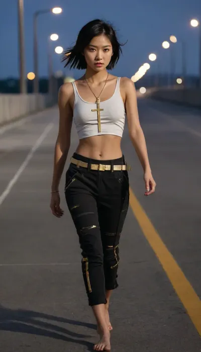 full body view of a slim, flat chest, abs, young asian female supermodel, with short messy black hair, necklace with gold, cross Exposed internal structure tank, midriff, barefoot, Industrial safety webbing pants, Walking arm-in-arm with friend, rule of thirds, in the background Stark concrete highway noise barrier, lights Stark white gallery lighting on brutalist sculptures the model is lighted with soft natural lighting