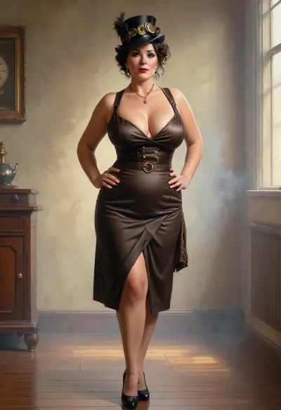 A Jack Vettriano style painting, a mature sexy 50 year old, bbw, slim thick, steam punk style outfit, full body image