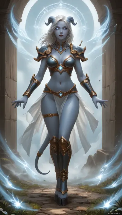 (((world of warcraft female draenei))), full body framing, (((very light blue skin))), white hairflowing in the wind, ((white eyes)), big breasts, perfect body, belly piercing, (standing in stormwind), ((sexy paladin armor)), from front, (dynamic sexy pose), ((healing spell))