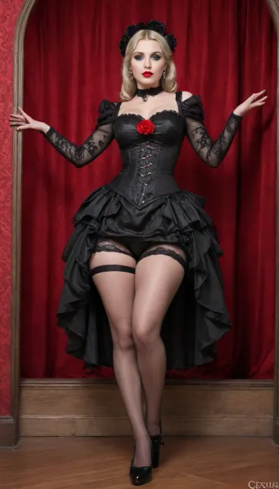 ((Alfons Mucha style:1.3)), (cezch woman, gothic background:1.5), Classic costume with elements of modern fetish, squatting, spread pussy, no panties, legs open, pearshaped body, thigh thighs, big ass, flat chest, tiny tits, an over-detailed hyperrealistic stunningly beautiful woman, pixies hairstyle, dressed in modern rock fashion, combined with classic tailoring style from head to toe, victorian ribbon, make-up and accessories in victorian maid style, ((many many many tatoos, holding a black rose, fine detail platform heels, silk glooves, nylons stocking, louboutin platform strappy heels:1)), 2d game, clip, porcelain, high contrast shading, ((glamour make-up, red lips:1.5)), bottomheavy, big, ass, huge, gigantic, thick, thighs, massive, <lora:bottomheavy_v1_sdxl_LoRA:.8>