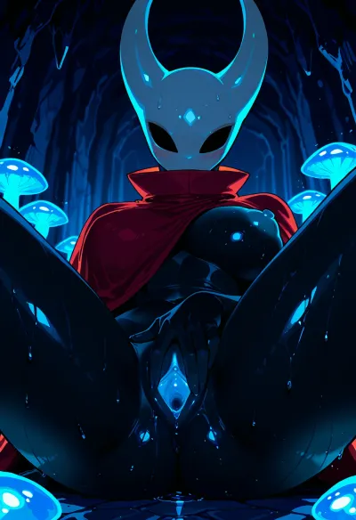 masterpiece, woman, Hornet_HK, Hollow Knight, Silksong, red cloak, black body, black skin, venus body, glowing perky nipples, glowing pussy, spreading legs, spreading pussy, playing with nipples, dripping pussy, leaky boobs, struggling, sweaty, white mask, blushing, HD crisp graphics, moody lighting, dark underground cave, glowing mushrooms, unfocused background, angled view., hornet, <lora:hornet:.8>, geode, c4v3, <lora:geode_c4v3:.8>