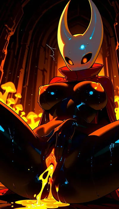 masterpiece, woman, Hornet_HK, Hollow Knight, Silksong, red cloak, black body, black skin, venus body, glowing perky nipples, glowing pussy, spreading legs, fingering self, tons of orange cum gushing pussy, hyper orange glowing cum, struggling, sweaty, white mask, blushing, orgasm, glowing orange eyes, surprised face, HD crisp graphics, moody lighting, dark underground cave, glowing mushrooms, unfocused background, closeup view, hornet, <lora:hornet:.8>, geode, c4v3, <lora:geode_c4v3:.8>