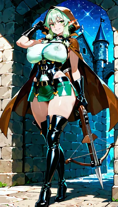 full body, hunter, elf archer, wielding a crossbow, archer stance.

pretty face, green eyes, short brown hair, fair skin, giant breasts, perky boobs, erect nipples, athletic body type, thin waist wide hips, (erotic pose), smirking smile.

cowl, short brown cape, dark leather harness, green skirt, leather bodice, (leather bracers), leather gloves, thigh high boots, skimpy outfit, chrome trim, choker, (stars), no underwear.

castle background, battle scared wall, (skulls), dungeon.