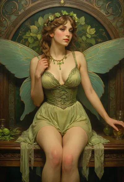 (Alphonse Mucha style:1.3), Tiny petite pale ginger fairy, (sitting on a bar table), legs spread, (art deco styled restaurant), 18yo, upskirt, flashing, dressed in bright green color frilly dress, green fishnet stockings, narrow face, (petite:1.5), (absinthe:1.4), tiny ass, small perky tits, slender, anise, floral, (flirty:1.5), seductive, poisonous, (fairy wings:1.3), big fairy wings growing from her lats, hip dips, skinny arms, flowers and leaves on her hair, thick hair, illuminating her surroundings, glowing green light, dark surroundings, no lights, absinthe, girly gestures, soft glow, best quality, detailed face, 8k, supermodel, face, big, lips, style, of, Alphonse, Mucha, <lora:Beautify-Supermodel-SDXL:.5>, <lora:EnvyFairyQueenXL01:1>, <lora:tbh200-sdxl:1.6>