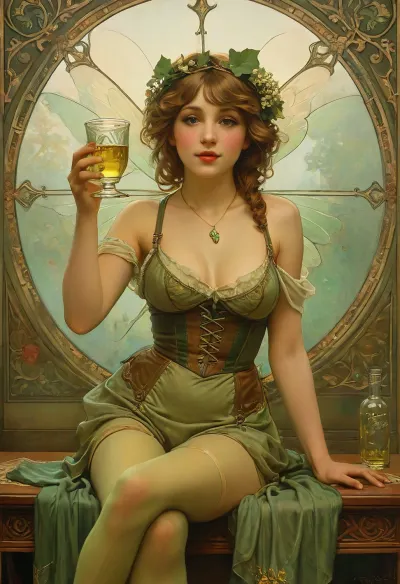 (Alphonse Mucha style:1.3), toasting, holding a glass of absinthe, Tiny petite pale ginger fairy, (sitting on a bar table), legs spread, (art deco styled restaurant), 18yo, upskirt, flashing, dressed in bright green color frilly dress, green fishnet stockings, narrow face, (petite:1.5), (absinthe:1.4), tiny ass, small perky tits, slender, anise, floral, (flirty:1.5), (dropped shoulder strap:1.5), seductive, poisonous, (fairy wings:1.3), big fairy wings growing from her lats, small hips, skinny arms, flowers and leaves on her hair, thick hair, illuminating her surroundings, glowing green light, dark surroundings, no lights, absinthe, girly gestures, soft glow, best quality, detailed face, 8k, supermodel, face, big, lips, style, of, Alphonse, Mucha, <lora:Beautify-Supermodel-SDXL:.5>, <lora:EnvyFairyQueenXL01:1>, <lora:tbh200-sdxl:1.6>